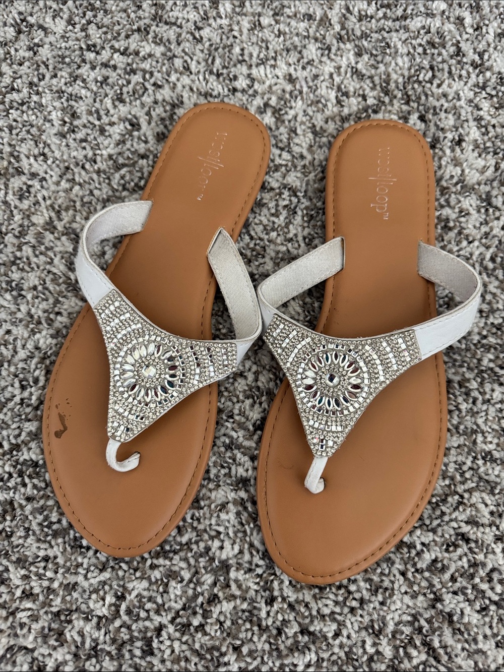 west loop Silver Crystal Embellished Tan Footbed Thong Sandals